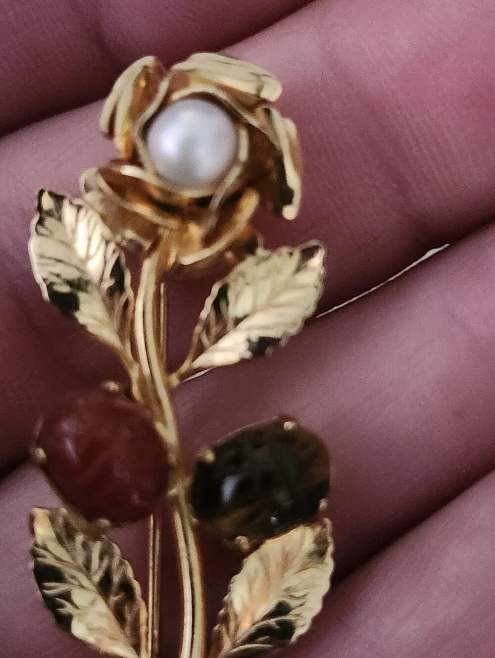 Vtf Gold Tone Rose Brooch with Faux Pearl and Red & Green Stones